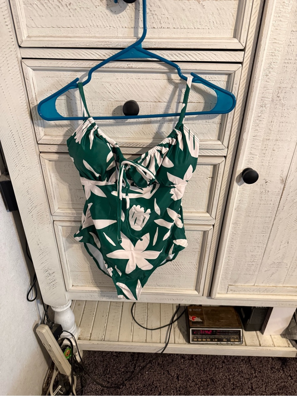 Emerald Green Floral One-Piece Swimsuit with White Print